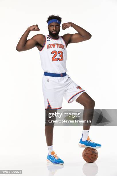 Mitchell Robinson of the New York Knicks pose for a portrait during NBA Media Day at the Knicks Training Center on September 26, 2022 in Tarrytown,...