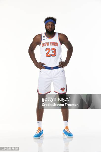 Mitchell Robinson of the New York Knicks pose for a portrait during NBA Media Day at the Knicks Training Center on September 26, 2022 in Tarrytown,...