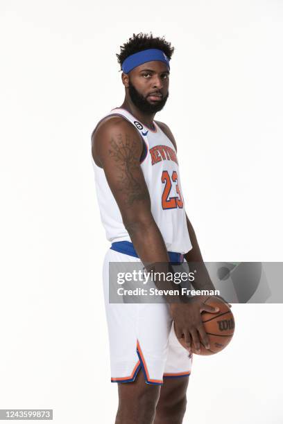 Mitchell Robinson of the New York Knicks pose for a portrait during NBA Media Day at the Knicks Training Center on September 26, 2022 in Tarrytown,...