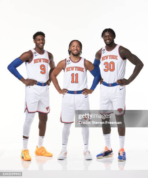 Barrett, Jalen Brunson and Julius Randle of the New York Knicks pose for a portrait during NBA Media Day at the Knicks Training Center on September...