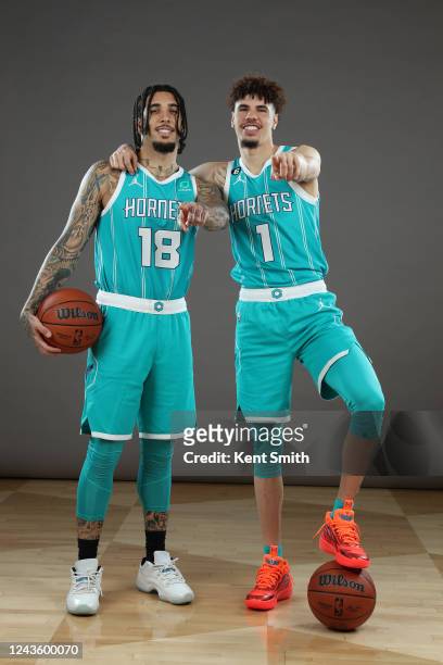 LiAngelo Ball and LaMello Ball of the Charlotte Hornets poses for a portrait during NBA Media Day on September 26, 2022 at the Spectrum Center in...