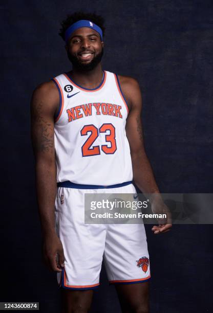 Mitchell Robinson of the New York Knicks poses for a portrait during NBA Media Day on September 26, 2022 at the Knicks Training Center in Tarrytown,...