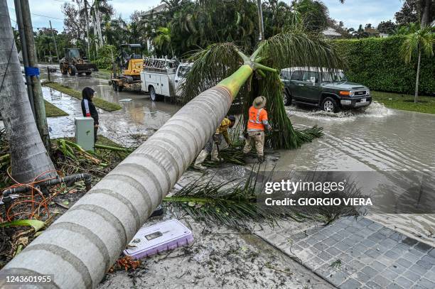 Workers carry out debris cleanup and fallen trees after the passage of Hurricane Ian on in Naples Florida, on September 29, 2022. - Hurricane Ian...