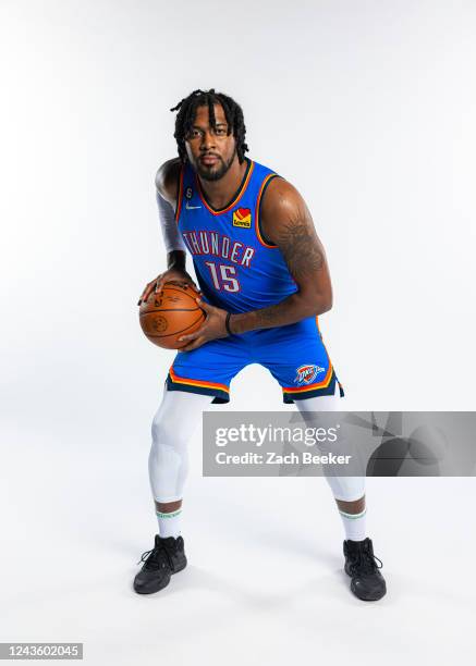 Derrick Favors of the Oklahoma City Thunder poses for a portrait during NBA Media Day on September 26, 2022 at the Paycom Center in Oklahoma City,...