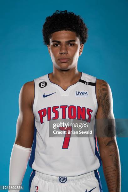 Killian Hayes of the Detroit Pistons poses for a head shot during NBA Media Day at Little Caesars Arena on September 26, 2022 in Detroit, Michigan....