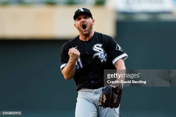 Liam Hendriks of the Chicago White Sox celebrates the final out against the Minnesota Twins in the ninth inning of the game at Target Field on...