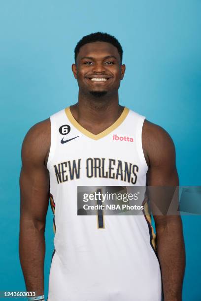 Zion Williamson of the New Orleans Pelicans poses for a head shot during NBA Media Day in New Orleans, Louisiana on September 26, 2022 at Smoothie...