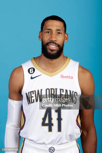 Garrett Temple of the New Orleans Pelicans poses for a head shot during NBA Media Day in New Orleans, Louisiana on September 26, 2022 at Smoothie...