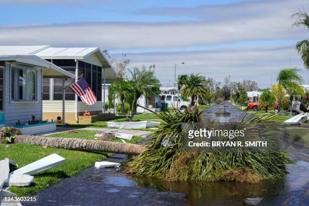 Fallen palm tree is pictured across a street in the aftermath of Hurricane Ian in Marylu Park, Charlotte Harbor, Florida on September 29, 2022. -...