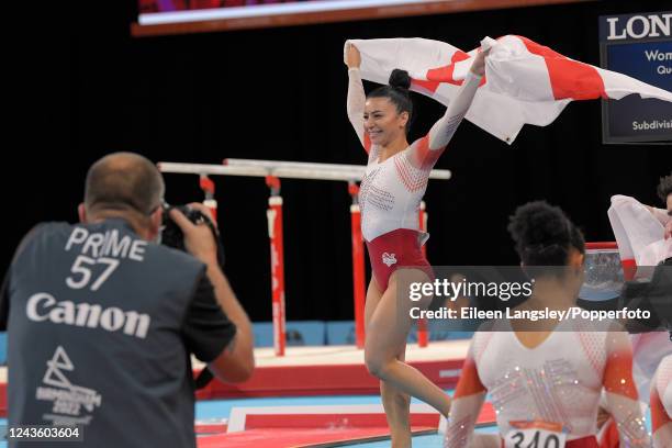 Claudia Fragapane of England celebrates after winning the women's team final competition on day two of the Commonwealth Games at the Utilita Arena on...