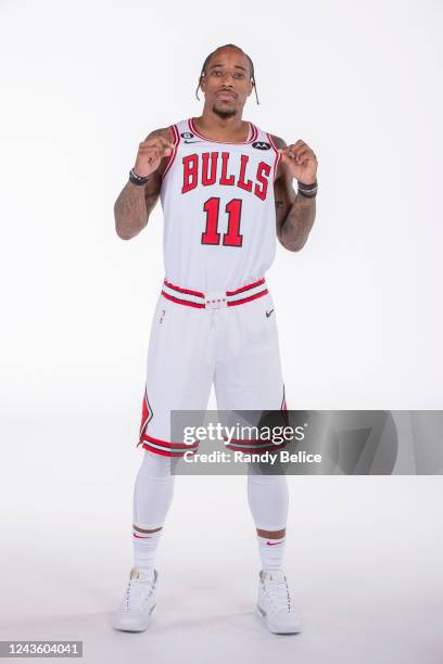 DeMar DeRozan of the Chicago Bulls poses for a photo during 2022 NBA Media Day on September 26, 2022 in the Atrium of the United Center in Chicago,...