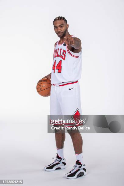 Patrick Williams of the Chicago Bulls poses for a photo during 2022 NBA Media Day on September 26, 2022 in the Atrium of the United Center in...