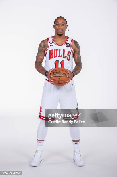 DeMar DeRozan of the Chicago Bulls poses for a photo during 2022 NBA Media Day on September 26, 2022 in the Atrium of the United Center in Chicago,...
