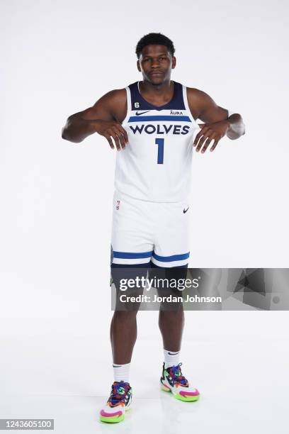 Anthony Edwards of the Minnesota Timberwolves poses for a portrait during 2022 Media Day on September 26, 2022 at Target Center in Minneapolis,...