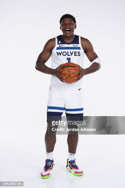 Anthony Edwards of the Minnesota Timberwolves poses for a portrait during 2022 Media Day on September 26, 2022 at Target Center in Minneapolis,...