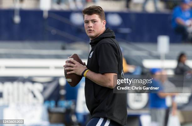 Levi Williams of the Utah State Aggies warms up before their game against the Brigham Young Cougars September 29, 2022 at LaVell Edwards Stadium in...