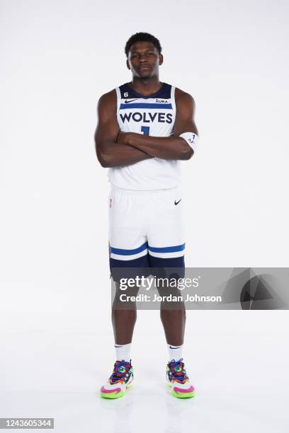 Anthony Edwards of the Minnesota Timberwolves poses for a portrait during 2022 Media Day on September 26, 2022 at Target Center in Minneapolis,...