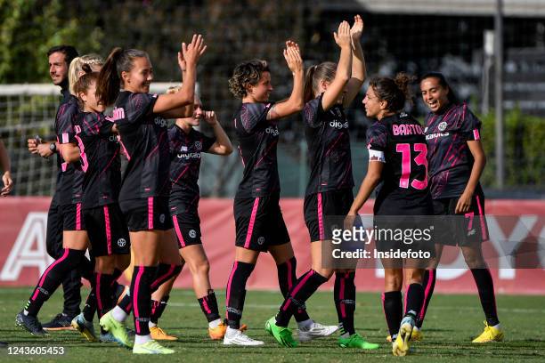 Roma players celebrate at the end of the Women Uefa Champions League football match between AS Roma and AC Sparta Praha. AS Roma won 4-1 over AC...
