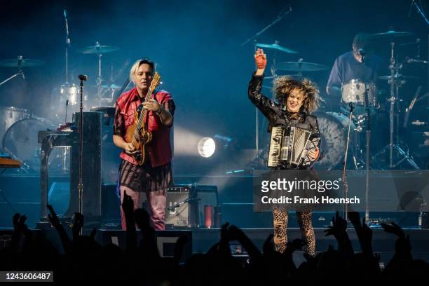 Win Butler and Regine Chassagne of the Canadian band Arcade Fire perform live on stage during a concert at the Mercedes-Benz Arena on September 29,...