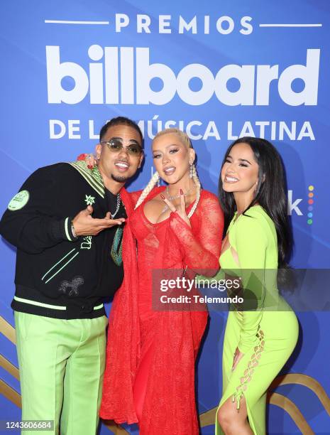 Backstage -- Pictured: Ozuna, Christina Aguilera, Becky G backstage at the Watsco Center in Coral Gables, FL on September 29, 2022 --