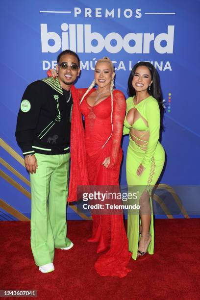Backstage -- Pictured: Ozuna, Christina Aguilera, Becky G backstage at the Watsco Center in Coral Gables, FL on September 29, 2022 --