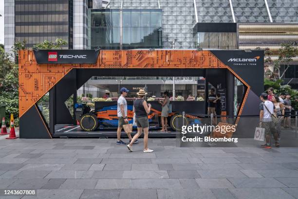 Life-sized McLaren Formula One racing car made with LEGO pieces on display at Orchard Road in Singapore, on Thursday, Sept. 29, 2022. Singapore hosts...