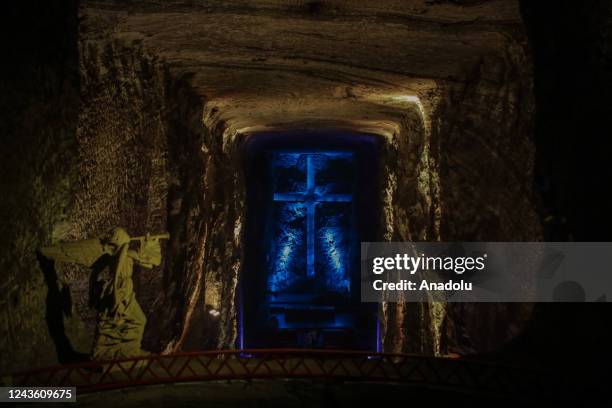 Group of foreign tourists and locals visit The Salt Cathedral of Zipaquira, inside a salt mine that has been exploited since 1801, in Zipaquira,...