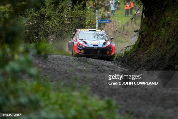 Estonia's Ott Tanak and co-driver Martin Jarveoja drive their I20 N Rally 1 Hybrid during 6th stage of the Rally New Zealand, the 11th round of the...