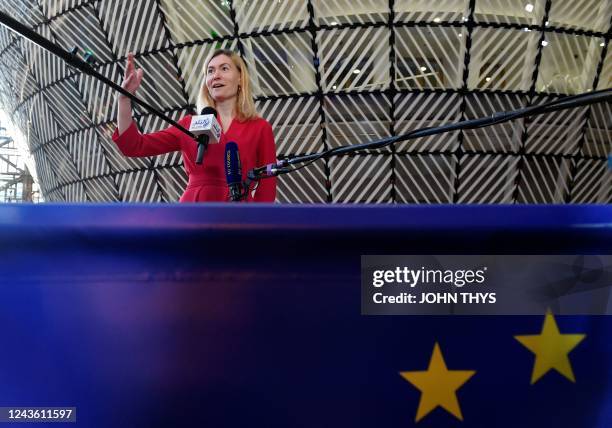Estonia's Minister of Economic Affairs and Infrastructure Riina Sikkut talks to the press as she arrives for an European Union energy ministers...