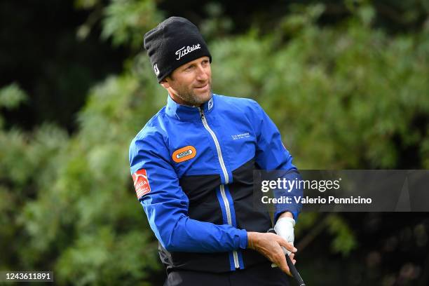 Gregory Bourdy of France looks on after hitting their tee shot on the 4th hole during Day Two of the Hopps Open de Provence at Golf International de...