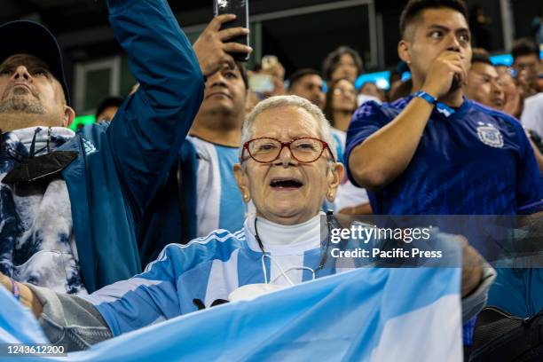 An elderly woman, a supporter of Argentina attends the friendly football game between Argentina and Jamaica at Red Bull Arena. Argentina won 3 - 0....