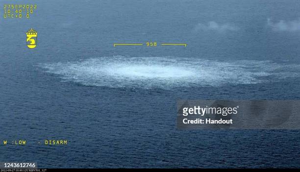 In this Handout Photo provided by Swedish Coast Guard, the release of gas emanating from a leak on the Nord Stream 2 gas pipeline in the Baltic Sea...