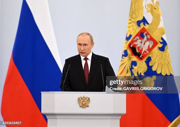 Russian President Vladimir Putin gives a speech during a ceremony formally annexing four regions of Ukraine Russian troops occupy - Lugansk, Donetsk,...