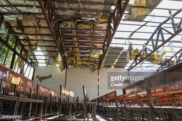 General view of the damaged hall pictured at the site of a suicide bomb attack in the learning centre in the Dasht-e-Barchi area in Kabul on...