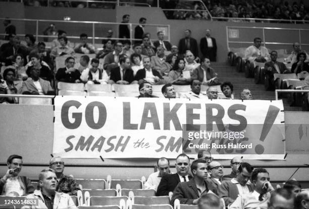 Finals: A sign is displayed in support of the Los Angeles vs Boston Celtics at Los Angeles Memorial Sports Arena. Game 6. Los Angeles, CA 4/24/1963...
