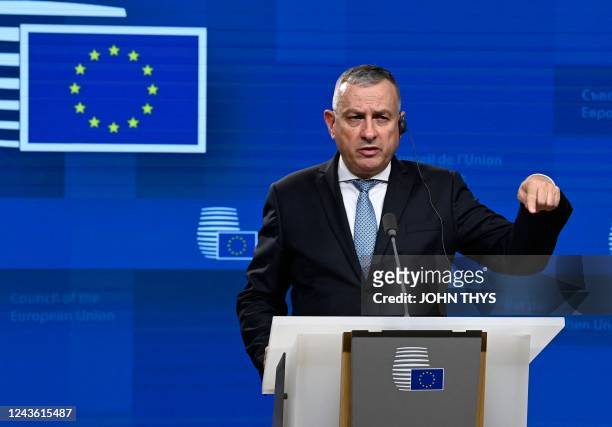 Czech Industry and Trade Minister Jozef Sikela speaks during a joint press conference after a European Union energy ministers meeting at the EU...