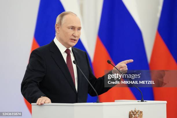 Russian President Vladimir Putin gives a speech during a ceremony formally annexing four regions of Ukraine Russian troops occupy - Lugansk, Donetsk,...