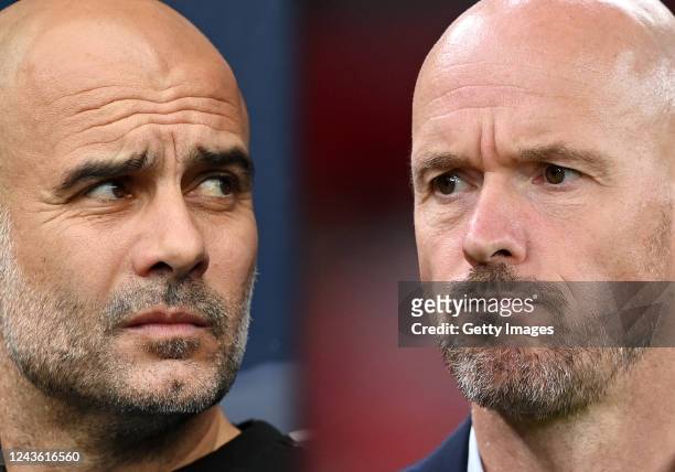In this composite image a comparison has been made between Pep Guardiola, Manager of Manchester City and Erik ten Hag, Manager of Manchester United....