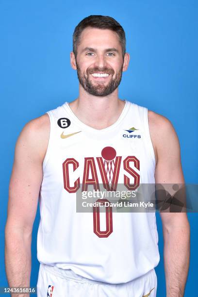 Kevin Love of the Cleveland Cavaliers poses for a head shot during NBA Media Day on September 26, 2022 in Cleveland, Ohio at the Rocket Mortgage...