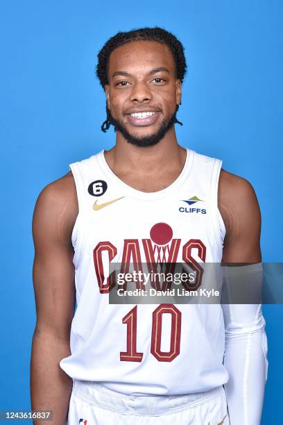 Darius Garland of the Cleveland Cavaliers poses for a head shot during NBA Media Day on September 26, 2022 in Cleveland, Ohio at the Rocket Mortgage...
