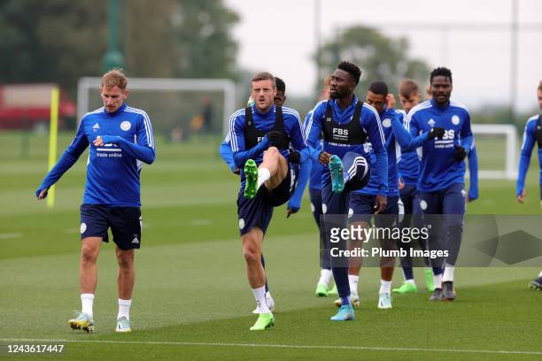 Jamie Vardy of Leicester City during a training session at Leicester City Training Ground, Seagrave on September 30, 2022 in Leicester, United...