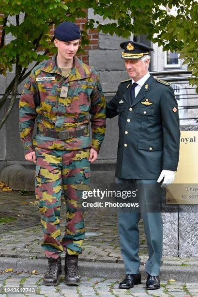 Their Majesties the King and Queen and Her Royal Highness Princess Elisabeth attend the Blue Hat Parade at the Royal Military School in Brussels. The...