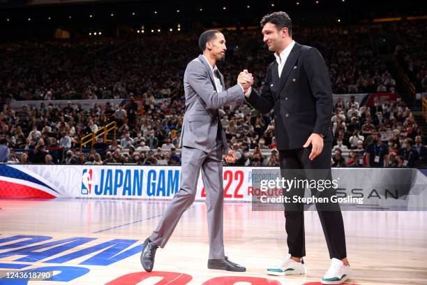 Zaza Pachulia and Shaun Livingston of the Golden State Warriors embrace during the game against the Washington Wizards as part of the 2022 NBA Japan...