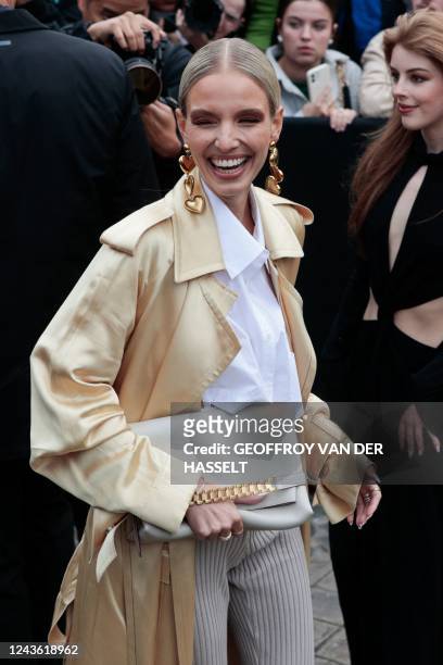 German model Leonie Hanne arrives for the Victoria Beckham Spring-Summer 2023 fashion show during the Paris Womenswear Fashion Week, in Paris, on...