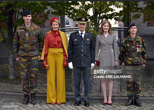 Prince Gabriel, Queen Mathilde of Belgium, King Philippe - Filip of Belgium and Crown Princess Elisabeth pose as they attend the Blue Berets parade...