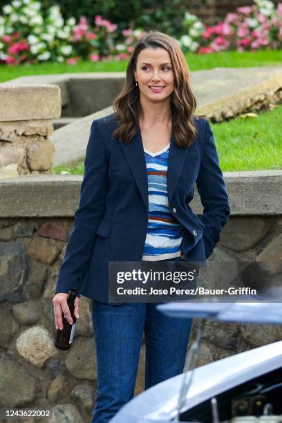 Bridget Moynahan is seen at film set of the 'Blue Bloods' TV Series in Bayridge, Brooklyn on September 29, 2022 in New York City.