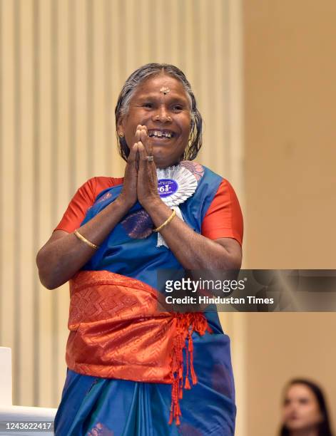 Best Female Playback Singer Awardee Keralite tribal folk singer Nanjiyamma at the 68th National Film Awards ceremony, at Vigyan Bhawan on September...