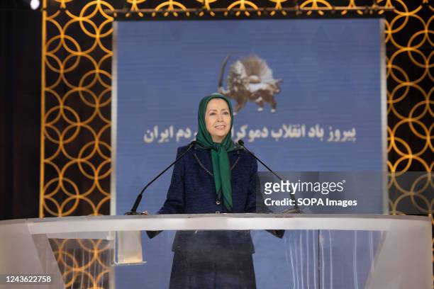 Maryam Rajavi, the President-elect of the National Council of Resistance of Iran seen speaking during a tribute to those killed by the security...