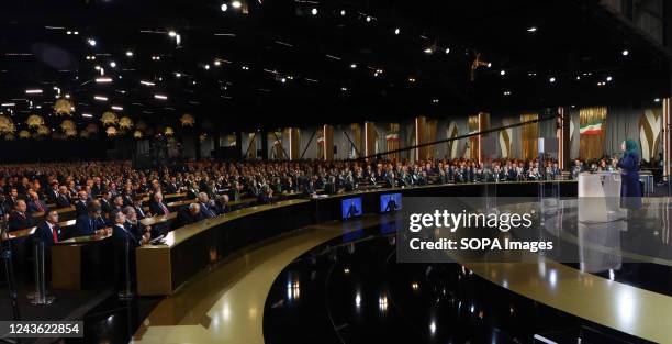 Maryam Rajavi, the President-elect of the National Council of Resistance of Iran seen speaking during a tribute to those killed by the security...