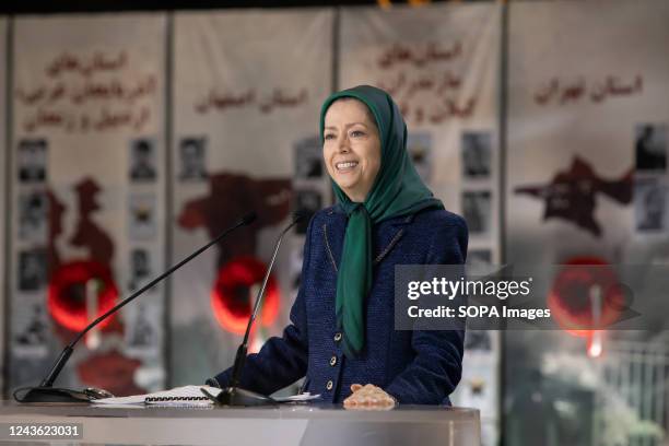 Maryam Rajavi, the President-elect of the National Council of Resistance of Iran seen speaking during a tribute to those killed by the security...